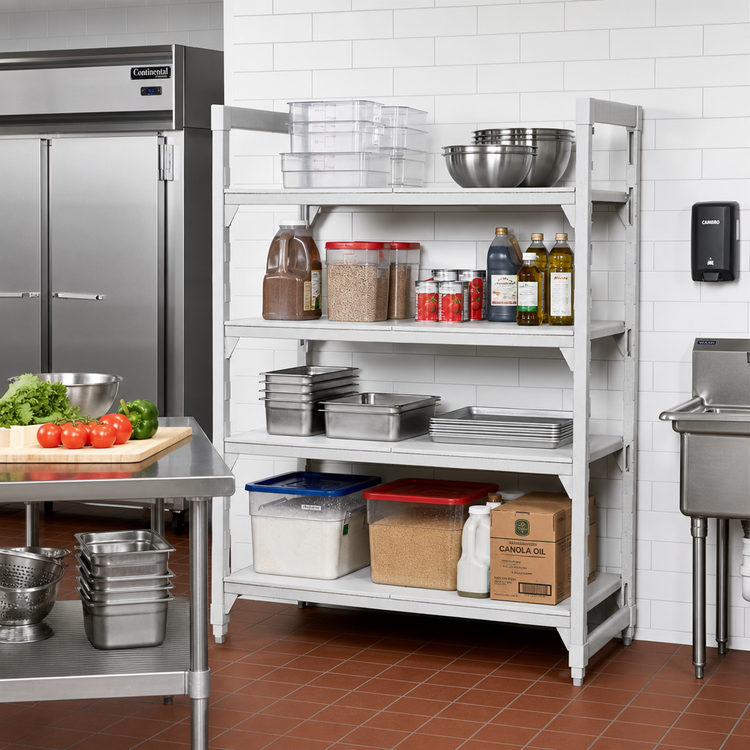 Product image #3 for Cambro Camshelving Premium 4-Tier Solid Stationary Starter Shelving Unit, 24" Deep x 72" Long x 64" High, Speckled Gray