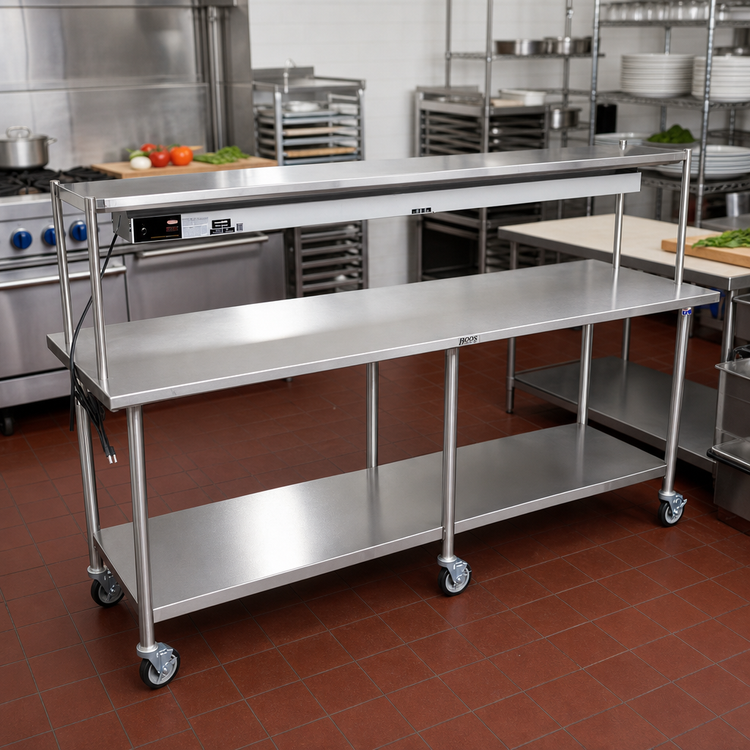 Product image #3 for John Boos 84-Inch x 24-Inch Stainless Steel Expediting Work Table with Overshelf and Mounted Infrared Food Warmer