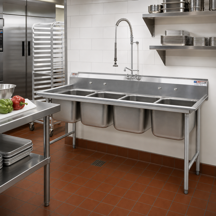Product image #2 for Eagle Group 414 Series Four-Compartment Stainless Steel Sink, 24 x 24 Bowls, Without Drainboards