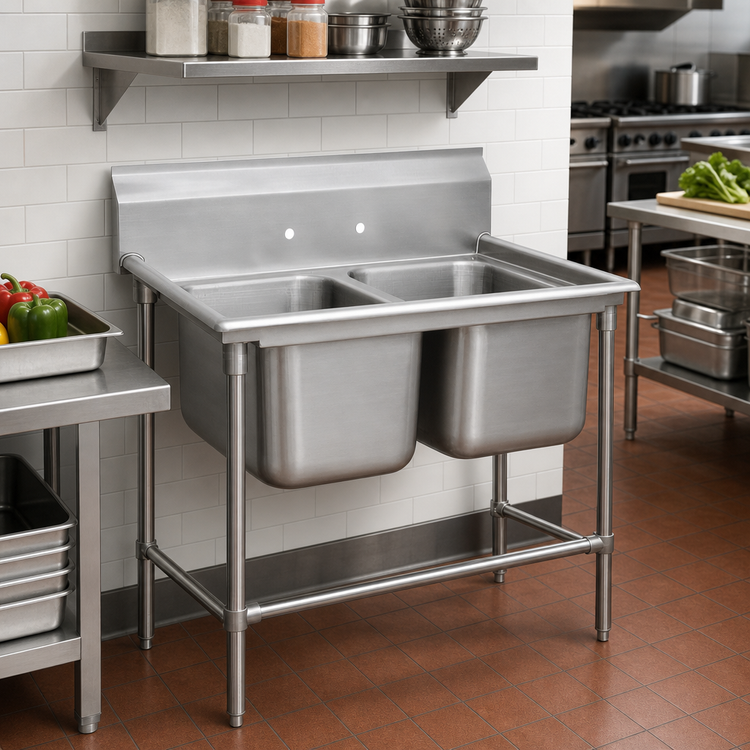 Product image #2 for Advance Tabco Regaline 2-Compartment Floor Model Sink with 20 x 20 Bowls, 14-Gauge 304 Stainless Steel, 11-Inch Splash