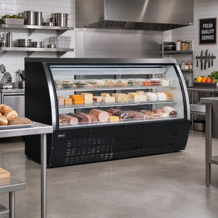 Product image #2 for Omcan 64-Inch Full-Service Refrigerated Deli Display Case with Curved Glass Front and Rear Sliding Doors