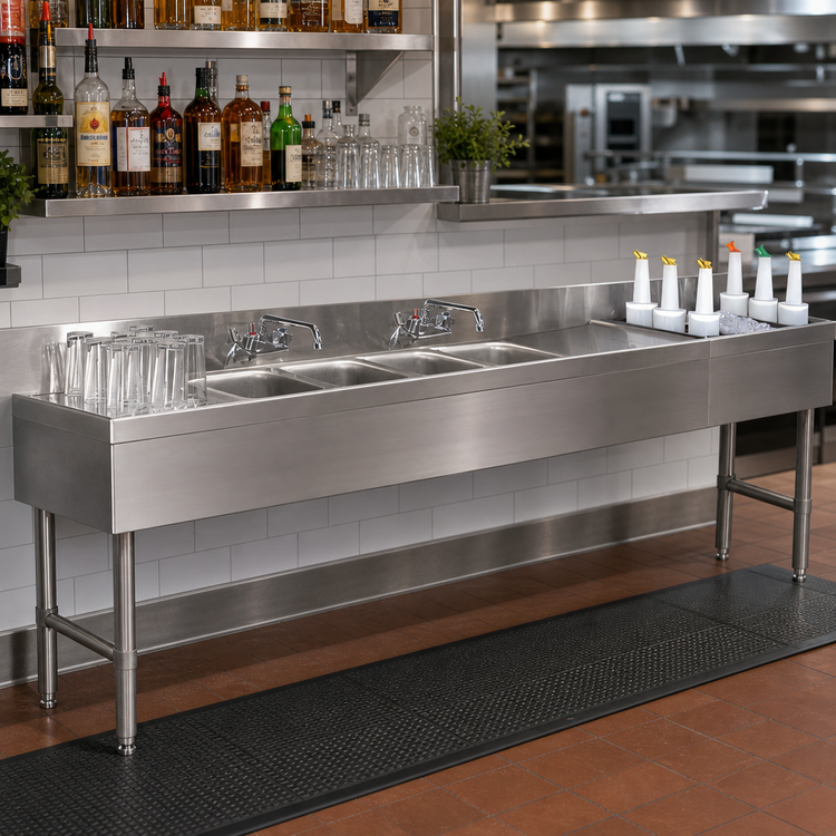 Product image #2 for Advance Tabco Underbar Basics 96-Inch Stainless Steel 4-Compartment Bar Sink and Ice Bin Combo, Right Ice Bin