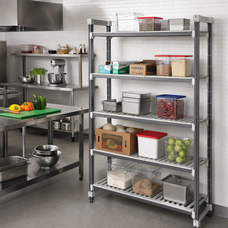 Product image #2 for Cambro Camshelving Elements XTRA High Density Top Rail Stationary Starter Unit, 24 in. D x 60 in. L x 81 in. H, 5-Tier Track Shelving