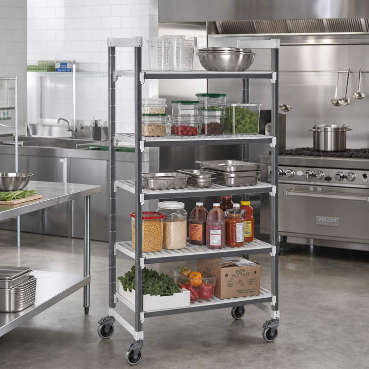 Product image #2 for Cambro Camshelving Elements XTRA 21-Inch Deep x 48-Inch Long 5-Tier Mobile Starter Shelving Unit, Speckled Gray