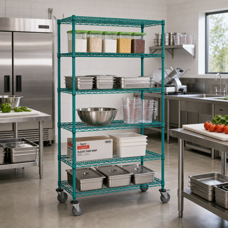 Product image #2 for Quantum 48"W x 24"D x 69"H Mobile Wire Shelving Cart with 5 Shelves, Green Epoxy Antimicrobial Finish