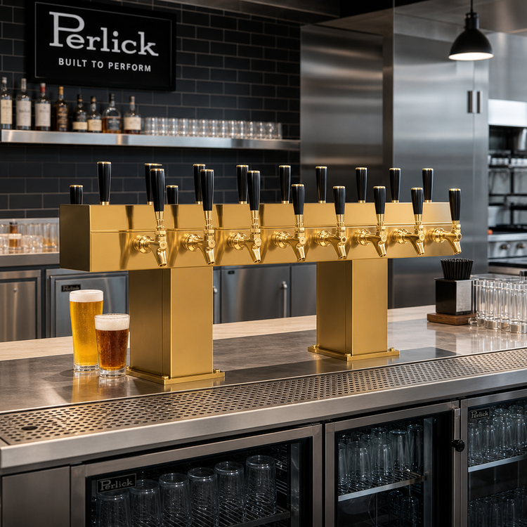 Product image #2 for Perlick Back-to-Back Bridge Tee Draft Beer Tower, Extra High, Countertop, Glycol-Cooled, 36 Faucets, Brass Finish