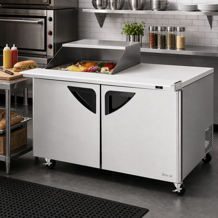 Product image #3 for Turbo Air Super Deluxe 60-1/4-Inch 2-Section Mega Top Sandwich/Salad Prep Table with Slide-Back Lid, Left Workstation