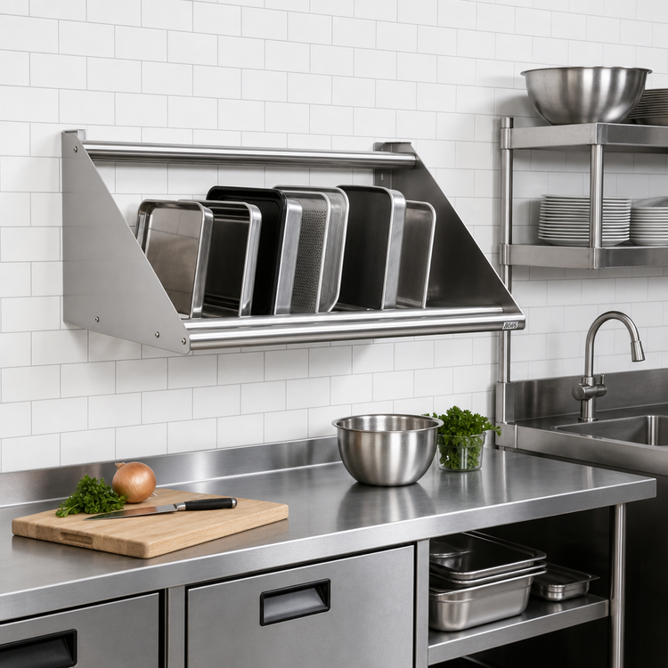 Product image #2 for John Boos Slanted Wall-Mounted Tubular Dishrack Sorting Shelf, 63 x 18 x 12-1/4 Inches, Stainless Steel