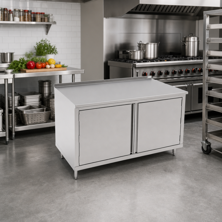 Product image #2 for 36" x 36" Stainless Steel Enclosed Work Table with Cabinet Base, Hinged Doors, and 1-1/2" Rear Riser