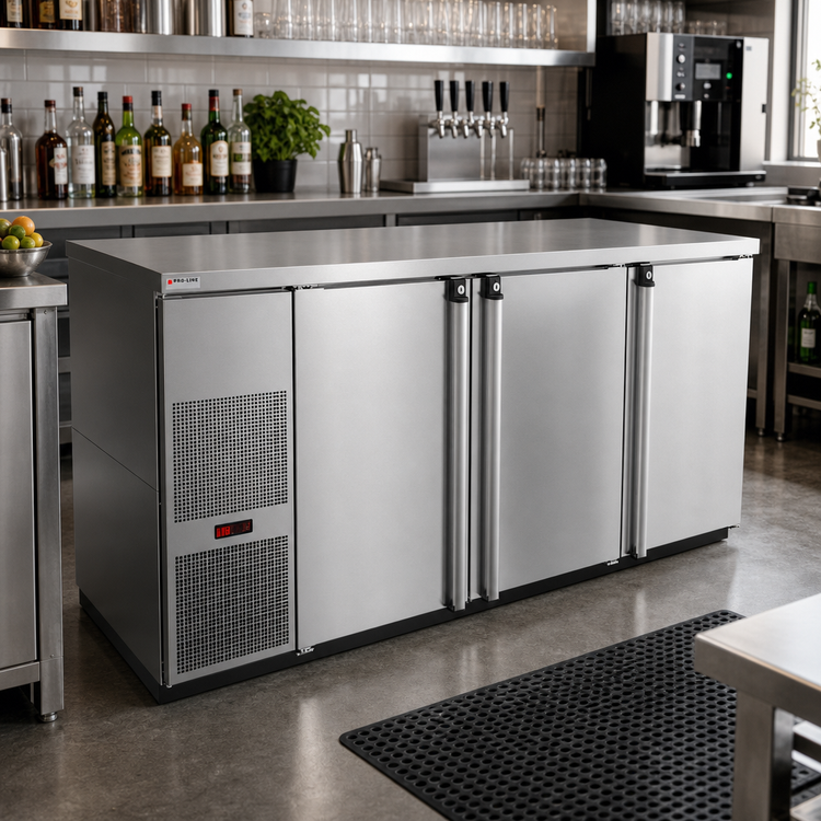 Product image #2 for Pro-Line E-Series 80-Inch Three-Section Stainless Steel Refrigerated Back Bar Cabinet with Solid Locking Doors