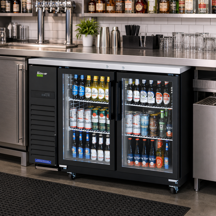 Product image #2 for Turbo Air Super Deluxe Narrow Two-Section Back Bar Cooler with 2 Glass Doors, 12.2 Cu. Ft., Side-Mounted Self-Contained R-290 Refrigeration