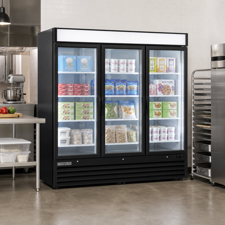 Product image #2 for Maxx Cold X-Series 72 Cu. Ft. Three-Section Glass Door Merchandiser Freezer — Triple-Pane Heated Glass Doors, Bottom-Mount Compressor