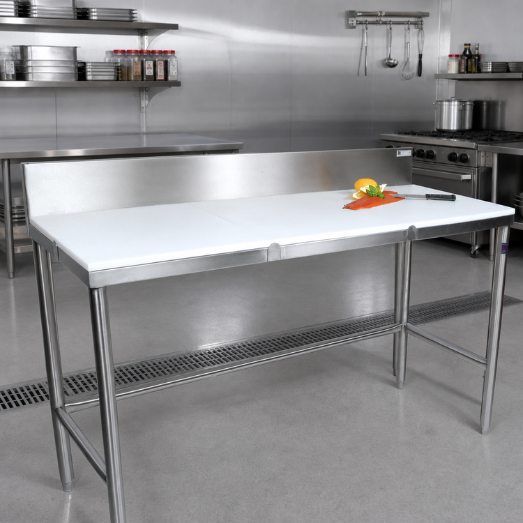 Product image #2 for John Boos 96 Inch x 24 Inch Reversible Poly Top Trimming Table with 6 Inch Backsplash and Stainless Steel Base