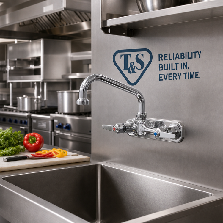Product image #2 for T&S Extra Heavy Duty Splash-Mounted Commercial Faucet with 8-Inch Swing Spout and 8-Inch Centers
