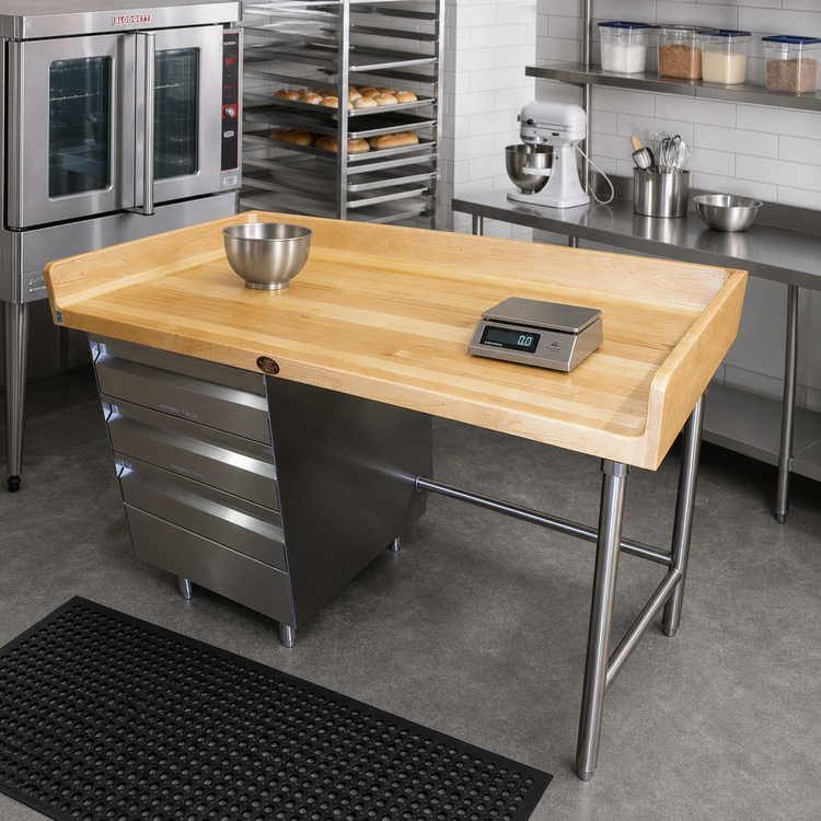 Product image #2 for Advance Tabco 60 x 30 Inch Wood Top Bakers' Table with 3-Drawer Left Stack and Stainless Steel Base