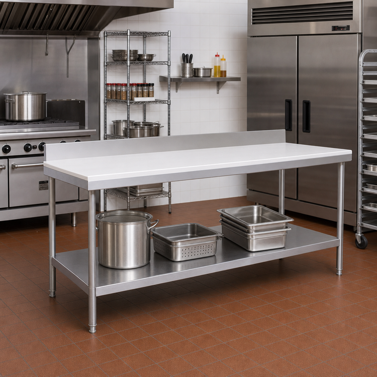 Product image #2 for Poly-Vance Poly Top Work Table with 6-Inch Backsplash and Adjustable Undershelf, 120 x 30 Inches