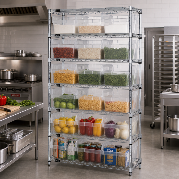 Product image #2 for Quantum 36"W x 24"D x 74"H Chrome Plated Bin Wire Shelving System with 8 Shelves and 21 Clear Bins