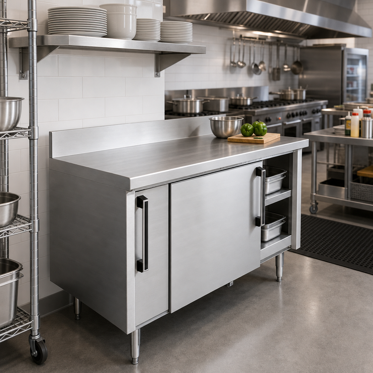 Product image #2 for La Rosa L-63196-18-28 96-Inch Stainless Steel Utility Stand with Sliding Door Cabinet Base