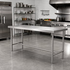 Thumbnail image #2 for Klinger's Trading HST2484 84"W x 24"D x 36"H Stainless Steel Work Table with Open H-Frame Base, Flat Top and Turned-Down Edges
