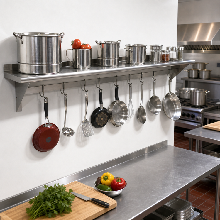Product image #2 for Advance Tabco Wall-Mounted Shelf with Pot Rack, 120" x 15", 18/430 Stainless Steel