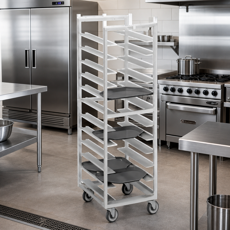 Product image #2 for Channel T440A6 Single Section Trapezoidal Aluminum Cafeteria Tray Rack with Casters, End Load, 18-Tray Capacity