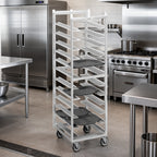 Thumbnail image #2 for Channel Manufacturing T440A6 Single-Section Trapezoidal Aluminum Cafeteria Tray Rack, End-Load, 18-Tray, 14 x 18-Inch Trays, 5-Inch Casters