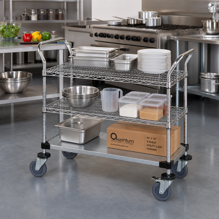 Product image #2 for Quantum 60-Inch Chrome-Plated 3-Shelf Utility Bus Cart