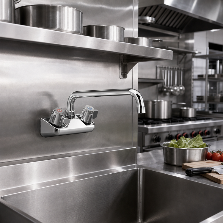 Product image #2 for Steel Works Stainless Wall-Mount Commercial Faucet with 4-Inch Centers and 6-Inch Swing/Swivel Spout