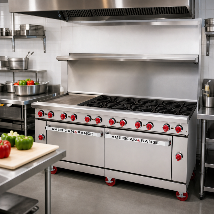 Product image #2 for American Range AR-24G-8B 72-Inch Gas Restaurant Range with 24-Inch Left Griddle, 8 Open Burners, and 2 Standard Ovens