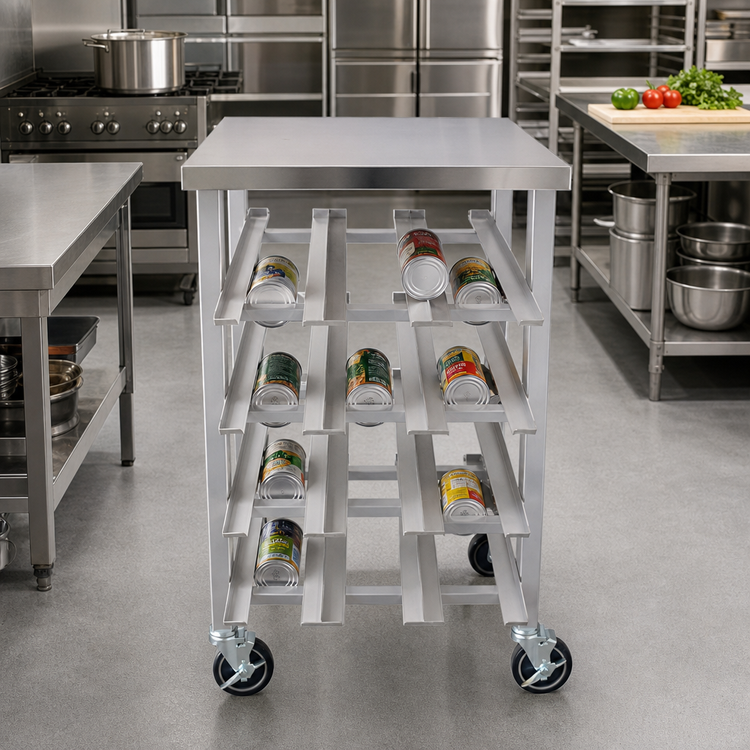 Product image #2 for Omcan USA Mobile Stainless Steel Can Rack with Table Top, 4 Layers, 12 Rows, and 5-Inch Casters