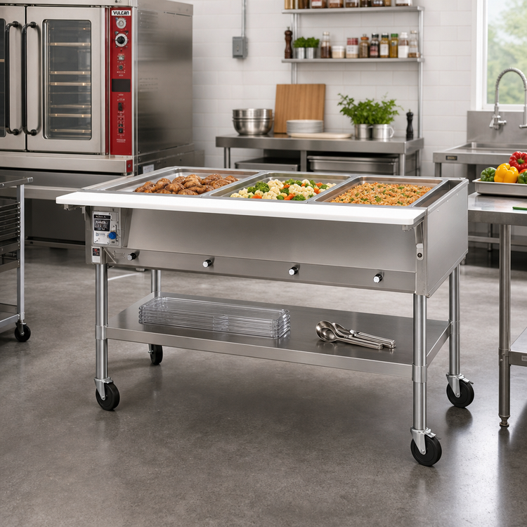 Product image #2 for Eagle Group 51-Inch Portable Electric Hot Food Table with Open Shelf Base, 3 Dry Wells, and Cutting Board