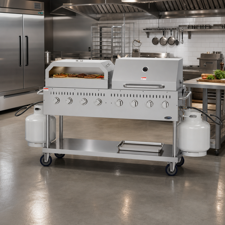 Product image #2 for KoolMore Commercial Mobile Outdoor Propane Charbroiler Grill with 8 Burners, 30-Inch Roll Dome Cover, and Pizza Oven