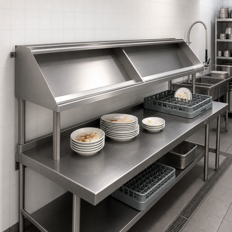 Product image #2 for John Boos Double-Sided Solid Stainless Steel Sorting Shelf for Soiled Dish Tables, 132 x 30-1/2 Inch, Table/Wall Mount