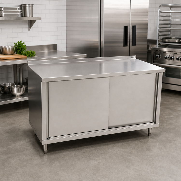 Product image #2 for John Boos Enclosed Stainless Steel Work Table with Sliding Door Cabinet Base, 48 x 24 Inches, 16/300 Top, 1-1/2 Inch Rear Up-Turn