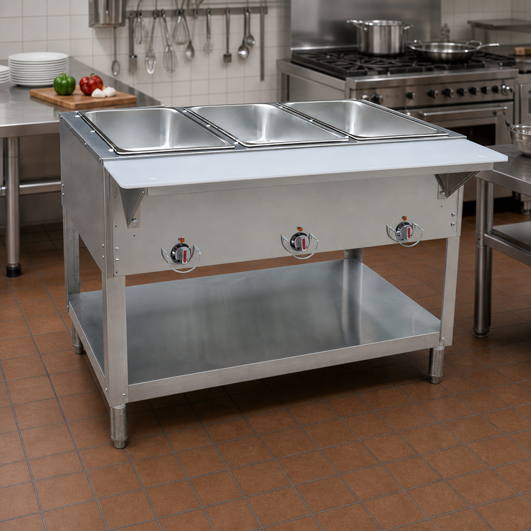 Product image #2 for BK Resources 43-Inch Natural Gas 3-Well Open Well Steam Table with Cutting Board Shelf and Adjustable Undershelf