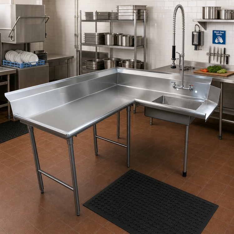 Product image #2 for Advance Tabco Korner-Soil L-Shaped Left-Hand Dish Table with Pre-Rinse Sink, 143-Inch Long, 16-Gauge 304 Stainless Steel
