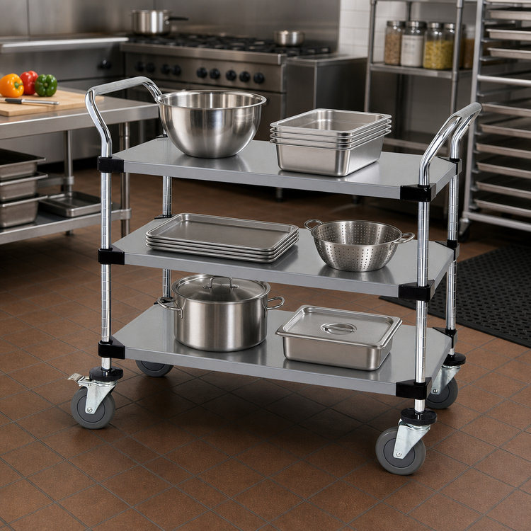 Product image #2 for Quantum 3-Shelf Solid Stainless Steel Utility Cart, 36"W x 24"D x 37-1/2"H, 1,200 lb. Capacity