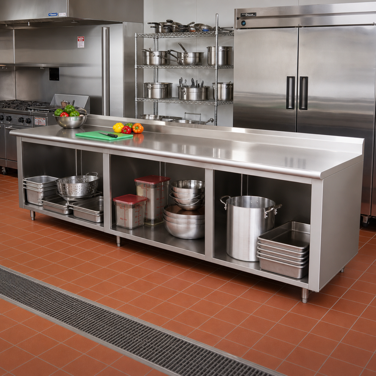 Product image #2 for Advance Tabco 120-Inch x 24-Inch Stainless Steel Work Table with Open Front Cabinet Base and 1-1/2-Inch Rear Up-Turn