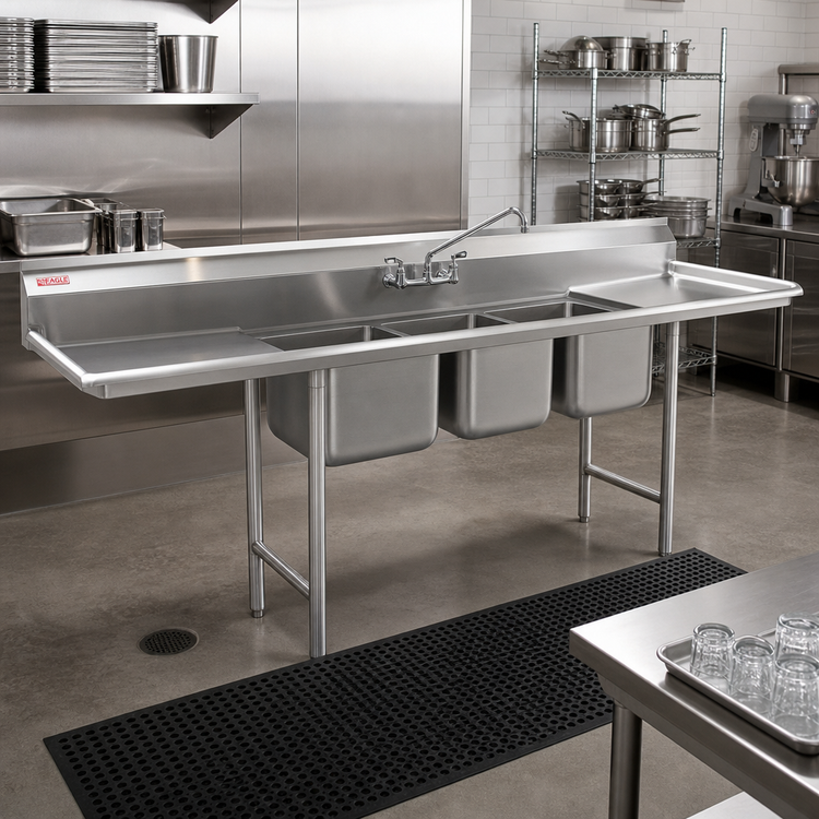 Product image #2 for Eagle Group 414 Series Coved-Corner Three-Compartment Sink with Dual 18-Inch Drainboards, 96-Inch Overall Length