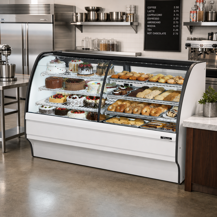 Product image #2 for True 77-1/4 Inch Dual Zone Dry/Refrigerated Curved Glass Full-Service Merchandiser Display Case, Self-Contained Refrigeration, Stainless Steel / White