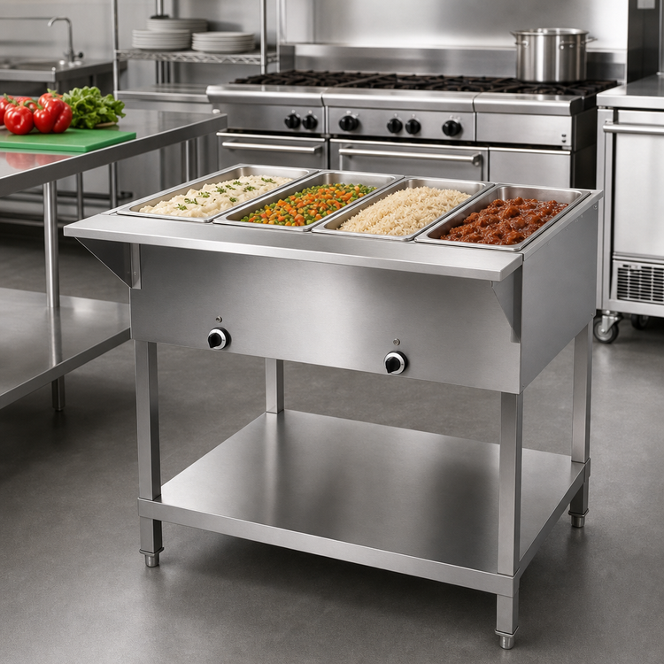 Product image #2 for Klinger's Trading SW4H208 4-Pan Sealed Well Electric Steam Table, Stationary Floor Model with Open Shelf Base