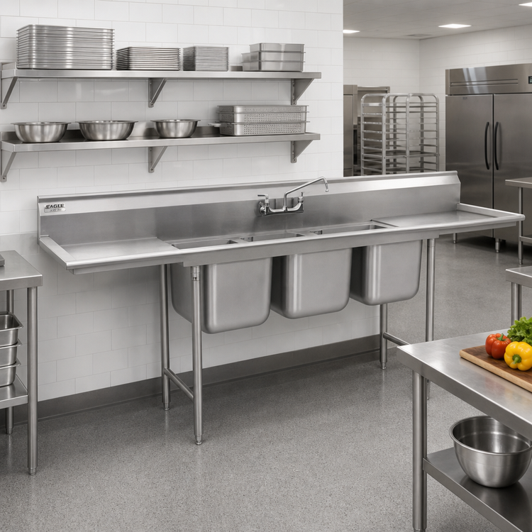 Product image #2 for Eagle Group 314 Series 3-Compartment 304 Stainless Steel Sink with Dual Drainboards, 126-Inch Wide