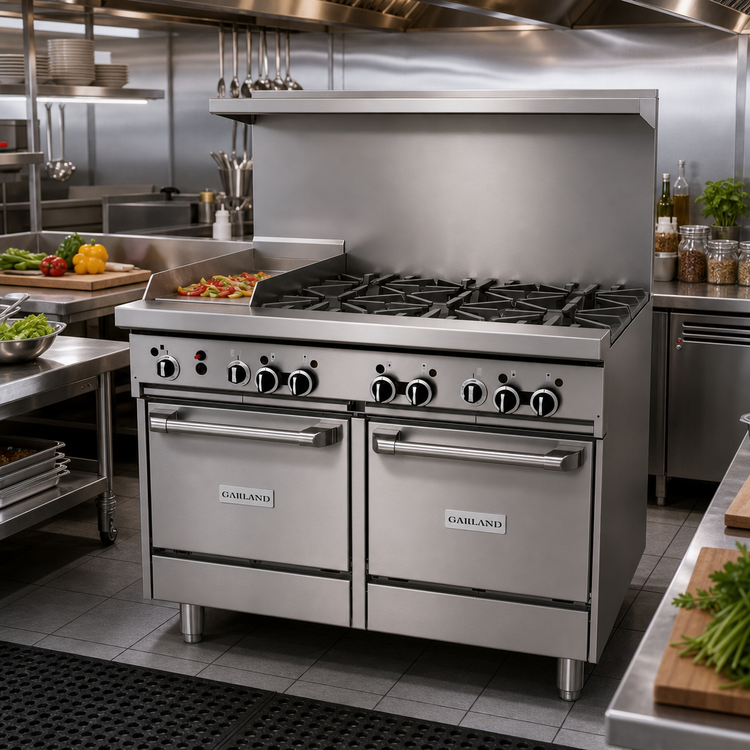 Product image #2 for Garland GF Starfire Pro 48-Inch Gas Restaurant Range with 6 Open Burners, 12-Inch Thermostatic Griddle, and 2 Space-Saver Ovens