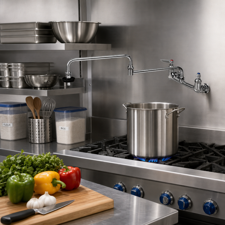 Product image #2 for T&S Brass B-0598 8-Inch Splash-Mounted Pot Filler Mixing Faucet with 24-Inch Double-Jointed Swing Nozzle
