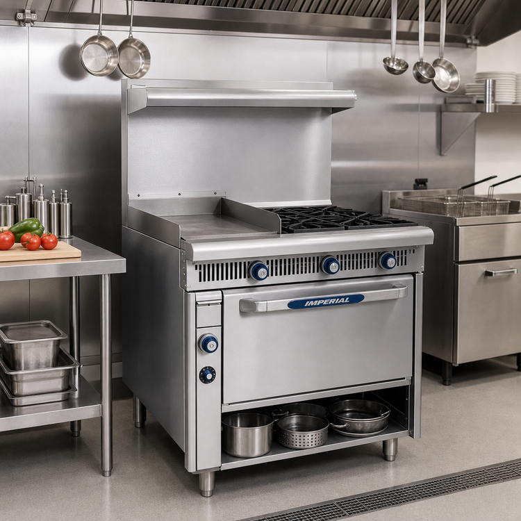 Product image #2 for Imperial Spec Series 36-Inch Heavy Duty Commercial Gas Range with 18-Inch Griddle and 18-Inch Hot Top, Open Cabinet Base