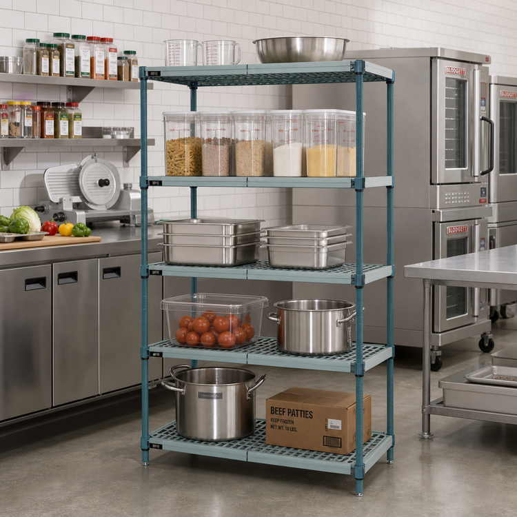 Product image #2 for Quantum 5-Tier Stationary Wire Plastic Mat Shelving Unit, 42 x 21 x 74 Inches, Green Epoxy Antimicrobial Finish