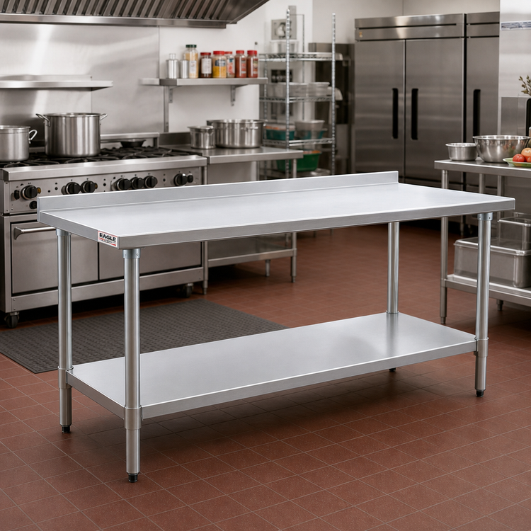 Product image #2 for Eagle Group Budget Series 120"W x 36"D 430 Stainless Steel Work Table with Rear Upturn and Adjustable Undershelf