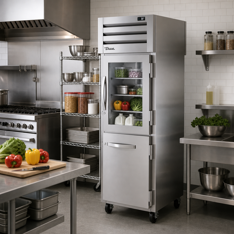 Product image #2 for True Spec Series One-Section Pass-Thru Reach-In Refrigerator with Glass and Stainless Steel Half Front Doors, Stainless Steel Rear Door