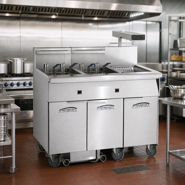 Product image #2 for Imperial IFSCB650E 6-Tank Electric Floor Fryer with Built-In Filter System and Dump Station