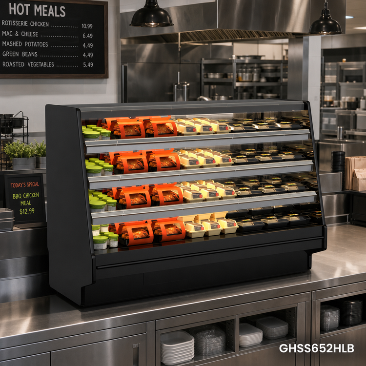 Product image #2 for Fusion® GHSS652HLB 75-3/8-Inch Open Front Heated Self-Service Hot Food Display Case with 3 Solid Heated Shelves